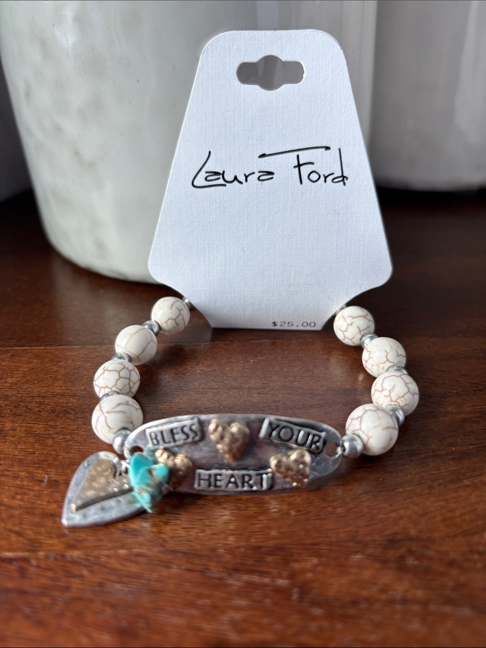 Elan Bless Your Heart silver plaque,ivory beads,turquoise stones & heart charm